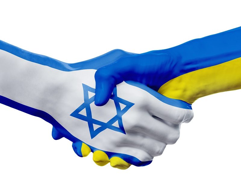 Flags Israel, Ukraine countries, handshake cooperation, partnership, friendship or sports team competition concept, isolated on white